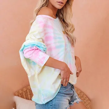 De Vară 2020 Femei Casual de Agrement Dye Top Doamnelor Maneca Lunga Tie-dye Tipărite tricou Plus dimensiune Retro Fată Pierde T-shirt