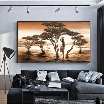 African Peisaj Panza Printuri de Arta Africană Dansatoare Jurul Lacului Perete Tablouri Print Pe Pânză Imagini Pentru Perete Camera de zi