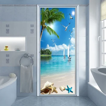 Plaja cu Vedere la Mare Ușă Autocolant 3D din PVC, Auto-Adeziv rezistent la apa Pasta de Tapet Living Baie Perete Decal Ușă de Toaletă Autocolante