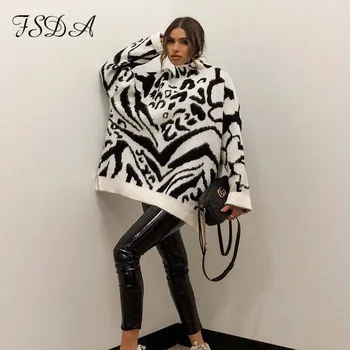 FSDA 2020 Guler Pulover Rochie Femei Zebra Tricotate cu Maneca Lunga de Toamna Iarna Supradimensionate Jumper Pulover Casual
