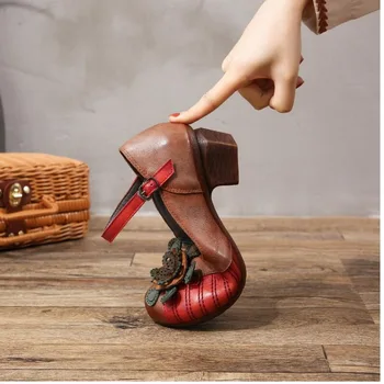 GKTINOO 2020 Femei Vintage Pompe Confortabile din Piele Pantofi cu Toc Femei Rotund Toe Casual cu Toc Gros Pantofi Singur