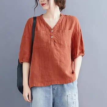 Supradimensionate Femei Vrac Casual T-shirt New Sosire 2021 Vară Stil Simplu V-gât Culoare Solidă de sex Feminin Lenjerie de pat din Bumbac Topuri Teuri S2959