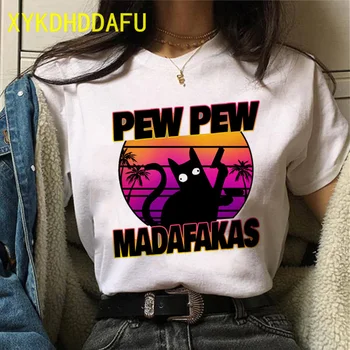 Pisica neagra Pew Pew Madafakas Tricou Femei Topuri Cat Tee Tricou Meme Harajuku Casual T-shirt Harajuku ' 90 Streetwear Feminin grunge