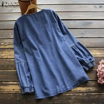 Femei Bluza Broderie 2021 ZANZEA Moda Denim Albastru, Tricouri Ciucure Puff Maneca Blusas de sex Feminin Casual Florale Topuri Supradimensionate 7