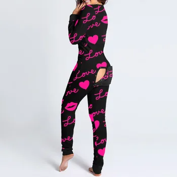 Femei Costum Sexy Body-Uri Salopeta Cu Maneci Lungi Inima Tipărite Bodysuit Funcționale Nasturii Clapa Îmbrăcăminte De Noapte De Primăvară Pijamas Vladan