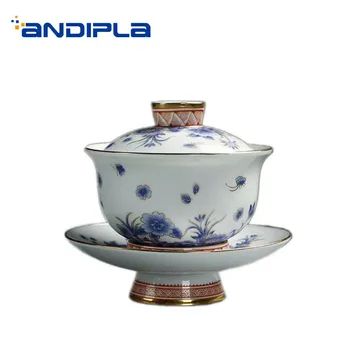 220ml Jingdezhen Porțelan Alb Gaiwan Placat cu Aur Teaware Chineză Kung Fu Set de Ceai Drinkware Ceai Castron cu Capac Farfurie Kit Cadouri