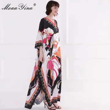 MoaaYina Designer de Moda Pistei rochie de Primavara-Vara pentru Femei Rochie V-gât Batwing Maneca Imprimare Vrac Rochii Maxi