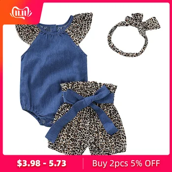 Bebe Fete Denim Salopeta Romper+ Leopard Print pantaloni Scurți+Headbands Haine set de nou-născuți haine pentru copii Costume de Haine 2021