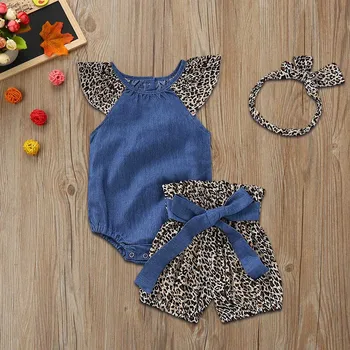Bebe Fete Denim Salopeta Romper+ Leopard Print pantaloni Scurți+Headbands Haine set de nou-născuți haine pentru copii Costume de Haine 2021