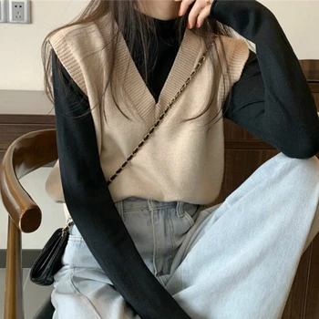Vesta Femei Solide Tricotate V-Neck fără Mâneci de Moda Casual, Retro Stil coreean Outwear Femei Paltoane Chic All-meci Simplu de Primăvară