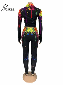 Joskaa 2020 Toamna Noua Femei Costum cu Maneci Lungi Guler Înalt Printting Pata de Culoare de cerneală Casual Crop Top Purta Pantaloni Femei Sexy Set