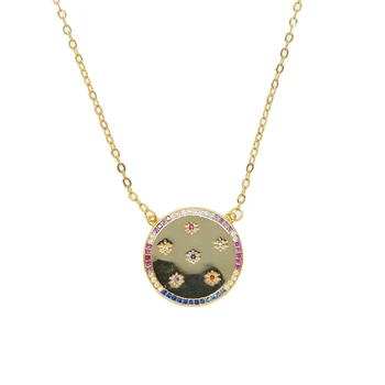Curcubeu cz multi culorile curcubeului disc rotund monedă declarație colier de aur de culoare vermeil nunta de lux colier moda bijuterii