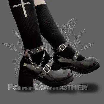 OLOMLB Femei Rotund Toe din Piele de Brevet Platforma de Bloc cu Toc de Curea Cataramă de Lanțuri de Metal cu Fermoar Gotice Punk Pantofi Pompe