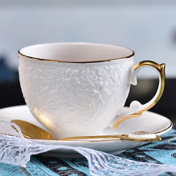 Ceramica De Cafea Ceasca Si Farfurie Set De Lux De Flori Ceașcă De Ceai Cu Aur În Relief Lumină De Lux Rafinat, Ceai După-Amiaza Cană Cu Lingură
