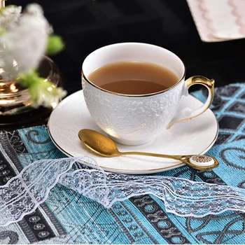Ceramica De Cafea Ceasca Si Farfurie Set De Lux De Flori Ceașcă De Ceai Cu Aur În Relief Lumină De Lux Rafinat, Ceai După-Amiaza Cană Cu Lingură