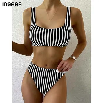 INGAGA 2021 Costume de baie Push-Up Set de Bikini de Costume de baie Femei Talie Mare Biquini Beachwear cu Dungi de Costume de Baie Bandeau Bikini