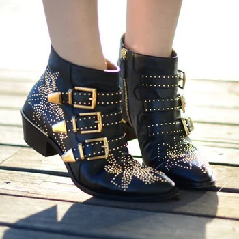 Designer de lux din Piele Împânzit Glezna Cizme pentru Femei Clasic Nituri 3 Catarame Tocuri Indesata Femei Cizme de Moda Punk Pantofi