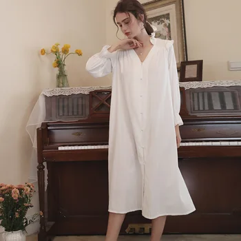 Alb Printesa Cămăși de noapte pentru Femei Primavara Vrac Pijamale cu mâneci Lungi Subțiri Haine de Acasă V-Neck Bumbac Somn Topuri Sexy Rochie de Noapte