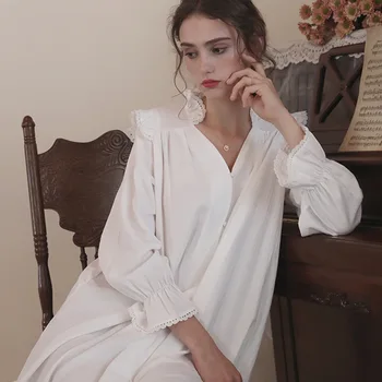 Alb Printesa Cămăși de noapte pentru Femei Primavara Vrac Pijamale cu mâneci Lungi Subțiri Haine de Acasă V-Neck Bumbac Somn Topuri Sexy Rochie de Noapte