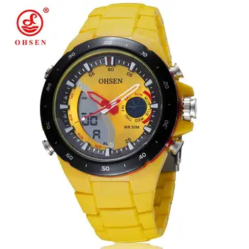 Moda Digital Cuarț Bărbați Ceas de mână en-Gros OHSEN ceas de Curea Silicon Cadran Galben rezistent la apă în aer liber Sport Ceasuri Cadouri