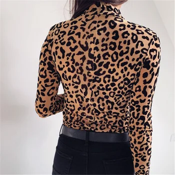 Femei T-Shirt Moda Sexy Femei Leopard Print Floral Maneca Lunga Guler Clubwear Casual De Toamna Haine Slim Fit Topuri