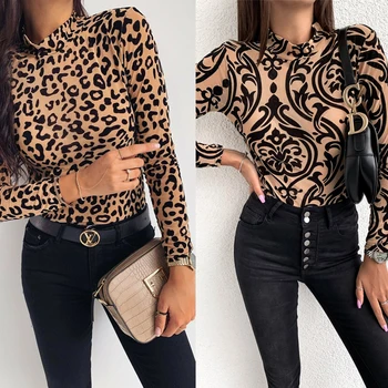 Femei T-Shirt Moda Sexy Femei Leopard Print Floral Maneca Lunga Guler Clubwear Casual De Toamna Haine Slim Fit Topuri