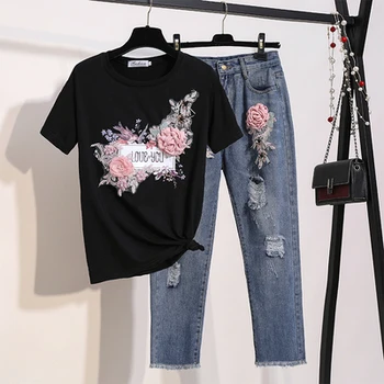 Broderie Dragoste 3D Bumbac Floral Jumperi Tricou+ Talie Joasa Creion Blugi de Moda pentru Femei 2ps Seturi Casual Elegant Denim Pantaloni de Costum