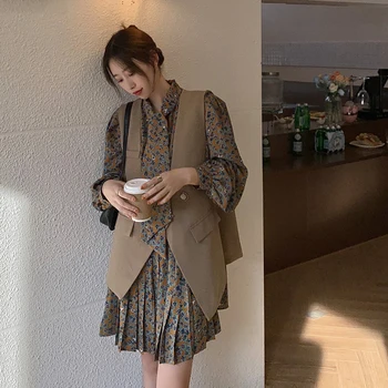 2 Bucata Set De Moda Pentru Femei Chic Costume De Epocă Zână Rochie Floral+ Solid Elegant De Designer Vesta Stil Coreean 2020 Ținute De Toamnă