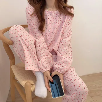 Pijamale din Bumbac pentru Femei Cherry Imprimare Pijamale cu Maneca Lunga Topuri+Pantaloni 2 buc Homewear Pierde O-gât Pulover Pijamas Confortabil S1027