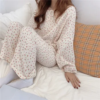Pijamale din Bumbac pentru Femei Cherry Imprimare Pijamale cu Maneca Lunga Topuri+Pantaloni 2 buc Homewear Pierde O-gât Pulover Pijamas Confortabil S1027