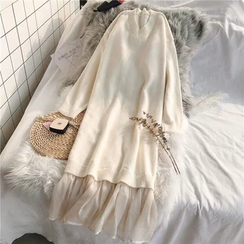 V-Neck Pulover Tricotate Rochie Femei Plasă De Mozaic Elegant Rochie De Toamna Iarna Volane Vrac Rochie Lunga, Sirena, Coreeană 2020 X505