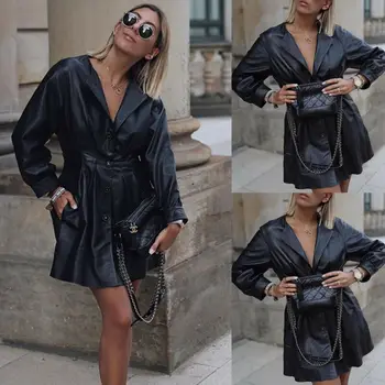 Faux din piele jachete femei maneca lunga cdress toamna iarna 2020 îmbrăcăminte pentru femei plus dimensiune negru, geaca de piele pu rochie