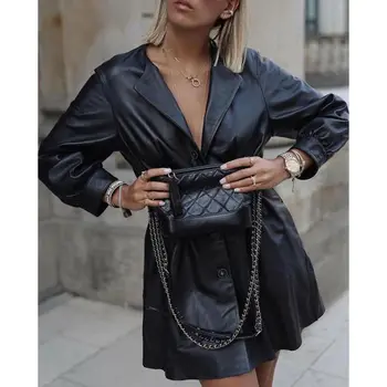 Faux din piele jachete femei maneca lunga cdress toamna iarna 2020 îmbrăcăminte pentru femei plus dimensiune negru, geaca de piele pu rochie