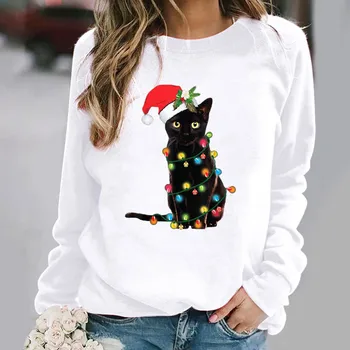 2020 Toamna Iarna Noi Femei pe Gât Rotund Topuri de Crăciun de Imprimare cu Mâneci Lungi Femei T-Shirt Pisica Amuzant Casual sex Feminin Tricouri