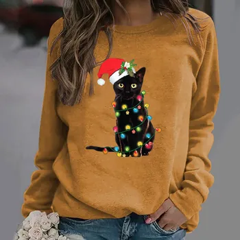 2020 Toamna Iarna Noi Femei pe Gât Rotund Topuri de Crăciun de Imprimare cu Mâneci Lungi Femei T-Shirt Pisica Amuzant Casual sex Feminin Tricouri
