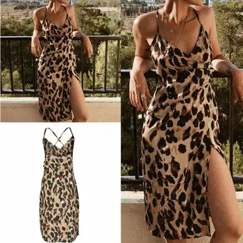 Vară Nouă Femei Elegante Boho Leopard-print Bretele Rochie Sexy de Seara V Gâtului Plajă Petrecere Fantă Sundress
