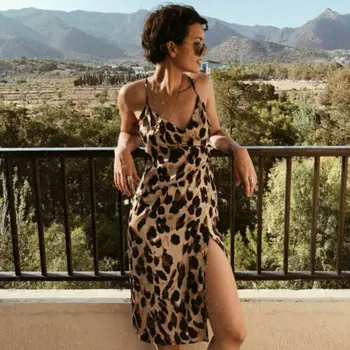 Vară Nouă Femei Elegante Boho Leopard-print Bretele Rochie Sexy de Seara V Gâtului Plajă Petrecere Fantă Sundress