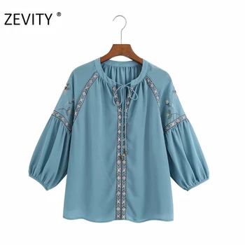 ZEVITY Noi femei vintage floare broderie casual salopeta bluza tricouri femei maneca trei sferturi sifon blusas topuri chic LS7175