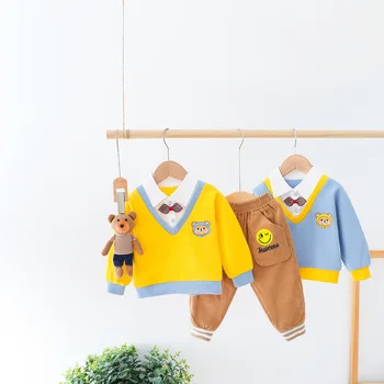 Primăvara Baietel Tinuta Stil Preppy Haine Nou-Nascuti Set Cu Maneci Lungi Rever Mozaic Pulover+Pantaloni Două Piesa Copilul Costum De Copil