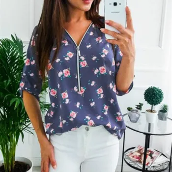 S-5XL Plus Dimensiune Topuri Munca Femei Bluze de Bumbac Noua Moda se Potrivesc cu Fermoar Tricou V-Neck Vintage Floral Print Shirt Dot Mujer Blusas