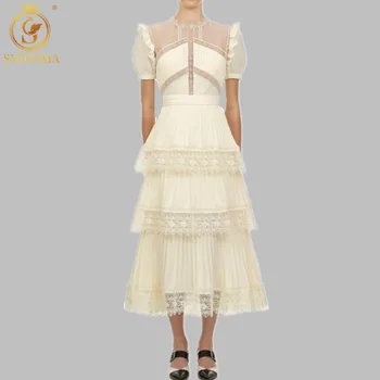 SMTHMA 2020 New Sosire dantela bej rochie lunga Qulity Mare, design de Lux Pista Rochie cu maneci Scurte Zburli Rochii de Vara