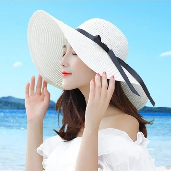 Broderie Vara Pălărie de Paie Femei Borul Larg de Protecție solară Plajă Pălărie 2020 Reglabil Floppy Pliabil Pălării de Soare pentru Femei Doamnelor