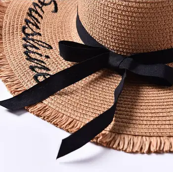 Broderie Vara Pălărie de Paie Femei Borul Larg de Protecție solară Plajă Pălărie 2020 Reglabil Floppy Pliabil Pălării de Soare pentru Femei Doamnelor