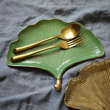 1/bucată Nordic creative de aur frunze de gingko biloba placa ceramica Gustare placa de bijuterii tava decor acasă tava de stocare