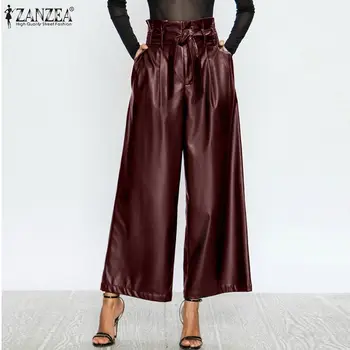 Femei Pantaloni Largi Picior ZANZEA 2021 Elegant din Piele PU Pantaloni Ruflle Talie Inalta Pantalon Palazzo Feminin Solid Nap Supradimensionate