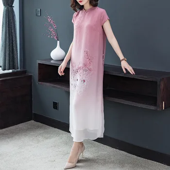 L-4XL Vara Femei, Plus dimensiune Rochie 2019 Mătase de Imprimare Rochie Casual Lunga Cheongsam Chineză Stil Elegant, dimensiune Mare Parte Vestidos