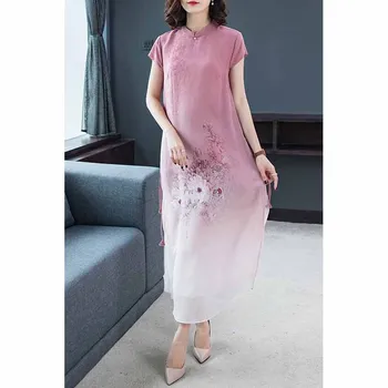 L-4XL Vara Femei, Plus dimensiune Rochie 2019 Mătase de Imprimare Rochie Casual Lunga Cheongsam Chineză Stil Elegant, dimensiune Mare Parte Vestidos