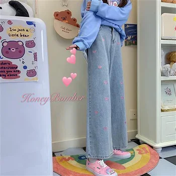 Vintage Spălat Iubesc Blugi Femei Coreene Liber Drept Pantaloni Din Denim Cu Talie Înaltă Trunchiate Pantaloni Sex Feminin