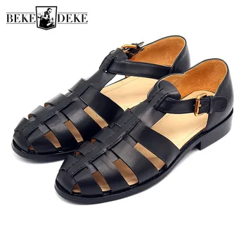 2019 Bărbați Sandale Gladiator Din Piele Handmade Vintage Negru Solid Strada Sandale Pantofi De Vara Britanic Catarama Sandale Plate