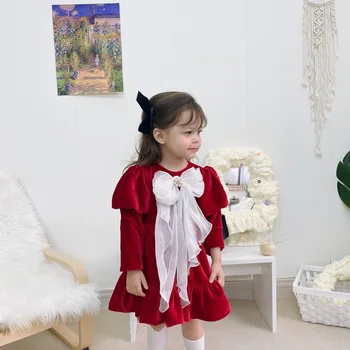 2020 Toddler Girls Catifea Anul Nou Dress pentru Copii Xmas Rochie Rosie cu Arcuri Prințesă Frumoasă, Haine de Iarnă